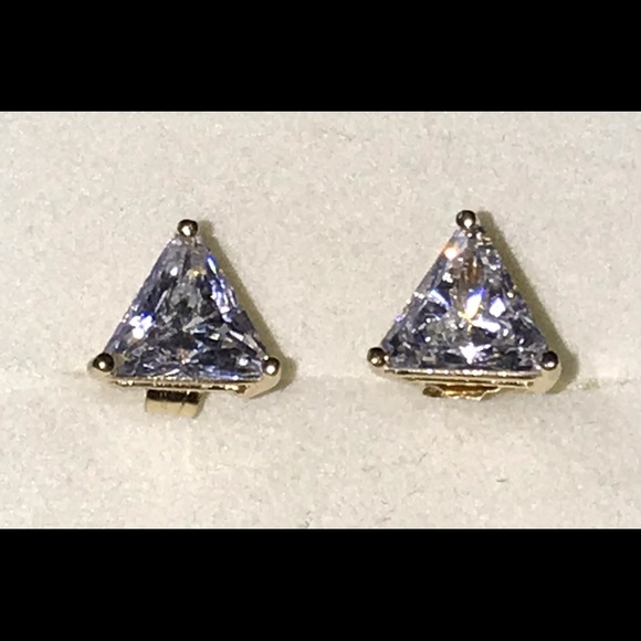 14K Yellow Gold CZ Jewelry - 14K Yellow Gold Trillion CZ Post Earrings w/Gift Box